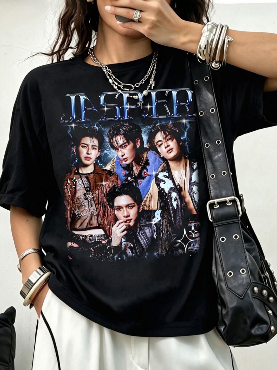 JASPER Thai Boy Group Lightning Retro Collage Cotton T-Shirt - Black - View 1