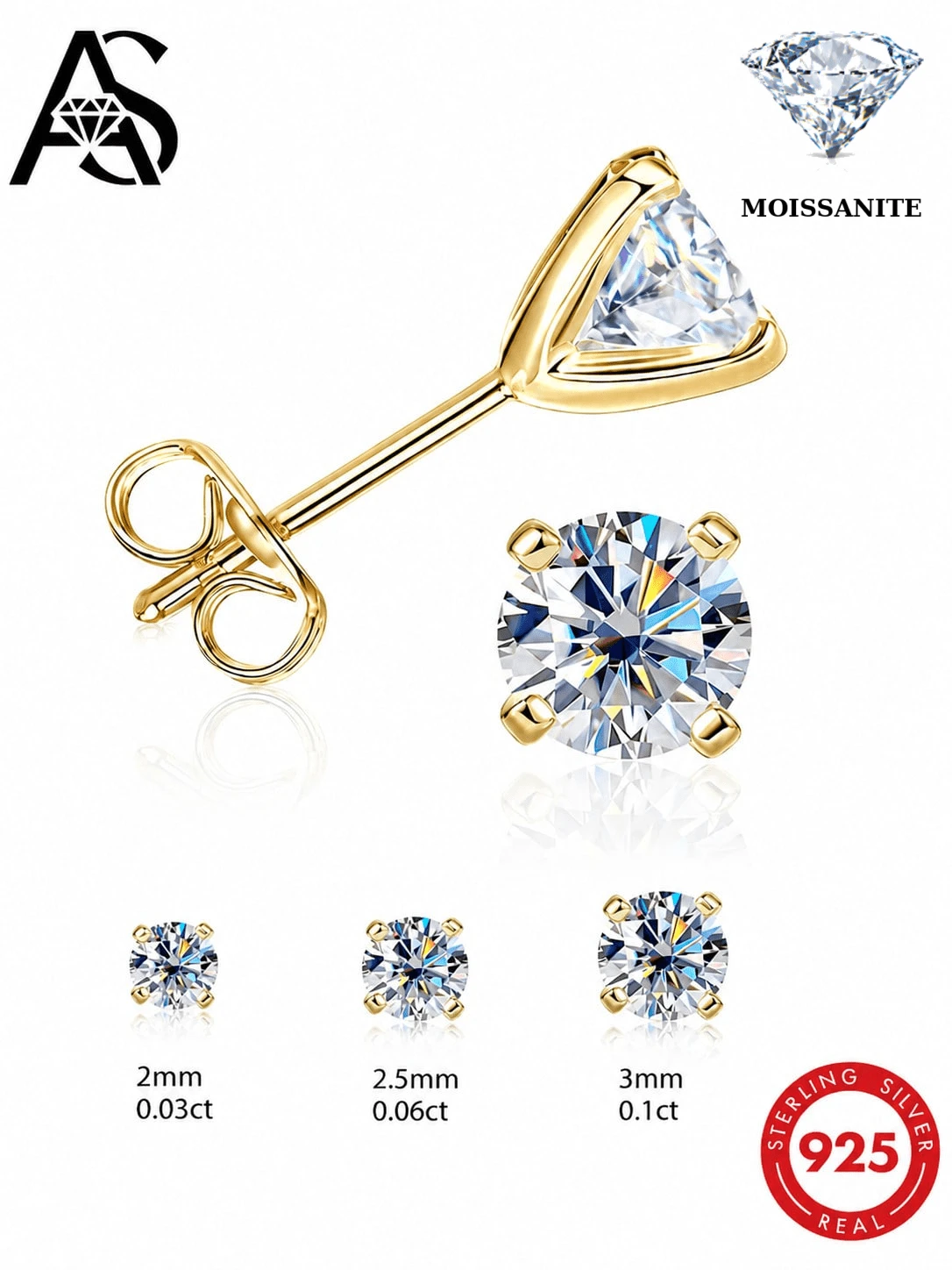 AnlaScheer 1件 0.03-0.5ct 莫桑石 925純銀全鋪滿平背螺旋耳軟骨穿刺耳環,女款訂婚婚禮新娘珠寶 - 金色 - 查看 1