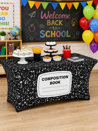 Back To School -vihko- ja liitutauluteemainen joustava pöytäliina, luokkahuonejuhlan jälkiruokapöydän peite, sopii tervetuloa kouluun -juhliin, kampustapahtumiin, syntymäpäiväjuhliin ja sisäpöydän koristeluun