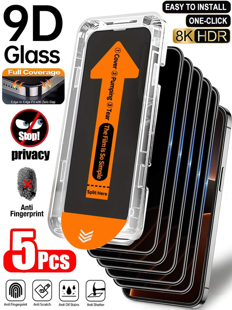 CASECOPS 5片裝隱私鋼化玻璃螢幕保護貼，一鍵無塵安裝，相容 iPhone 17 Pro Max/17 Pro/17/16 Pro Max/16/15 Pro/14/13/12/11/X/E/Plus/Mini 系列，3D 曲面全覆蓋，9H 硬度，28° 隱私防窺，防刮耐磨、防震防摔，高觸控靈敏度，防指紋防油污，相容手機殼