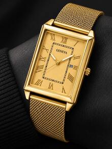 1PC Men's Gold Stainless Steel Milanese Magnetic Watch, Square Dial With Roman Numerals And Date Display, Alloy Case Business Fashion Men's Watch, Fashionable Men's Magnetic Strap, Christmas Gift, Anniversary Gift For Men - Gold - View 6