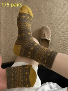 1/5 Pairs Fer Island Warm Mid-Calf Ring Buckle Socks, Thickened Socks, Vintage Couple Style - Multicolor - View 1