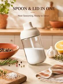 1pc Heat-Resistant Seasoning Jar With Built-In Spoon And Lid, Salt & Sugar Storage Organizer For Kitchen Cooking And Dining Table - White - View 6