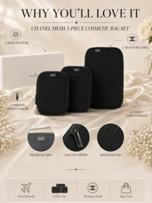 Chanel Mesh 3-Piece Makeup Bag Set, Small 22x16cm, Large 22x36cm, Breathable Mesh Fabric With Smooth Zipper, Perfect For Personal Use Or Gifting - Black - View 5