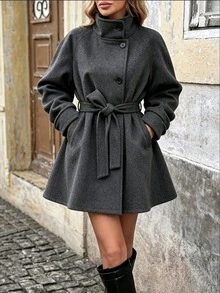 Women's Fashion Grey Belted Long Coat, Stand Collar Raglan Sleeve Design, Ideal Choice For Autumn/Winter - Dark Grey - View 8