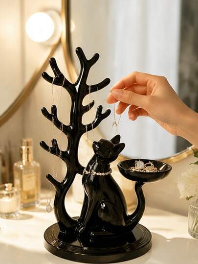 1/2pcs 3D Cat Jewelry Tree Holder With Jewelry Tray, Multi-Functional Desktop Jewelry Storage Rack, Suitable For Rings, Earrings, Necklaces, Perfect Gift For Girlfriend, Lover Or Yourself