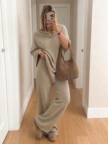 Women's 2pcs Y2K Minimalist Beige Shawl Knit Top & Wide Leg Pants Set, Loose Sweater Loungewear Streetwear Outfit, Autumn/Winter - Oat - View 6