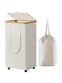 Bamboo Laundry Basket With Lid And Wheels, Includes Detachable Inner Laundry Bag, Slim Design With Lid, Freestanding Rectangular Corner Storage Basket, Multi-Functional Home Storage Basket, Storage Box With Lid - Side Handles, Foldable Design, Bamboo Reinforced, Suitable For Bedroom, Bathroom, Laundry Room, Dormitory, Etc. - Multicolor - View 16