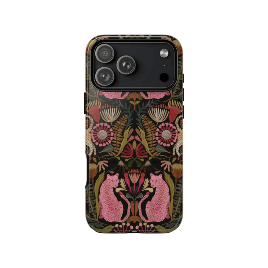 植物貓咪手機殼 粉色豹紋叢林圖案 相容 iPhone 17 Pro Max 16e 15 Pro 14 Plus 13 12 11 - 彩色 - 查看 1