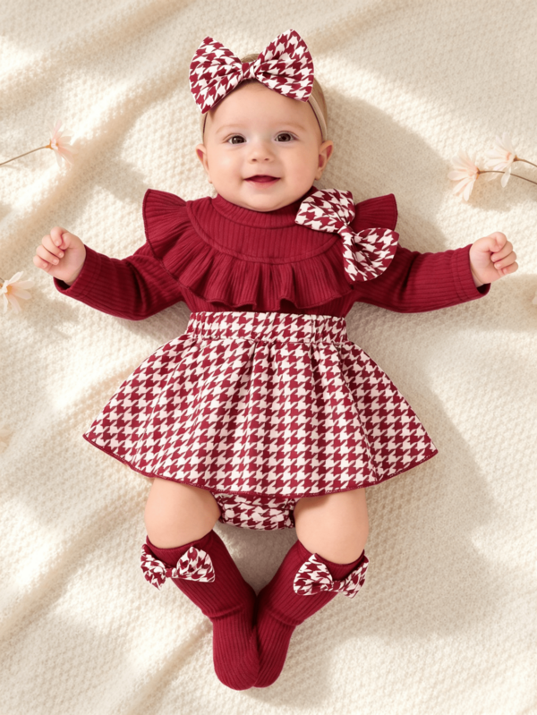 3pcs/Set, Baby Girl, Casual Elegant Fashion Cute, Soft Comfortable, Bowknot Decor Ruffle Random Pattern Houndstooth Bodysuit Dress, Includes Socks And Headband, Baby Girl Clothing, Newborn Baby Girl Clothing, Baby Supplies, Baby Clothing, Suitable For Daily Wear, Party, Vacation, Photography, Outdoor Activities