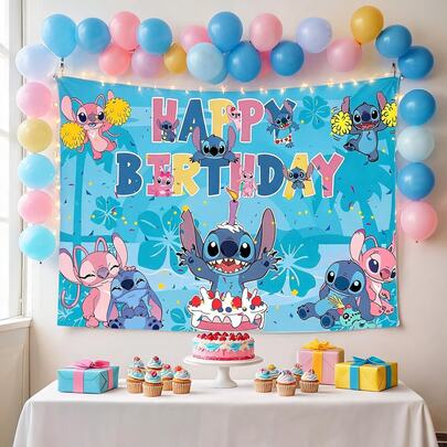 asmodee Stitch 1pc 150x100cm Birthday Party Backdrop, Cartoon Photography Background Banner For Cake Table, Photo Booth, Wall Decor And Party Supplies