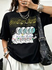Goodbye Earth Astronaut Repeat Illustration Cotton T-Shirt - 黑色 - 查看 1