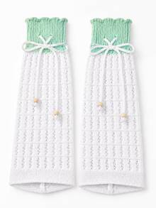Wavy Ruffle Hollow Knit Leg Warmers With Bow And Wooden Bead Decor, Sweet Lolita Ballet Style Thin Layering Calf Sleeves For Women, Spring Summer Autumn Versatile Leg Protectors - Multicolor - View 5