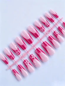 120pcs Short Rectangular 3D Gel Nail Art, Can Create Lotus Flower Nail Art, French Acrylic Press-On Nails, Short Nail Art, Pink French, Yellow French, White French Design, Perfect Fit Short Fake Nail Set - Multicolor - View 3