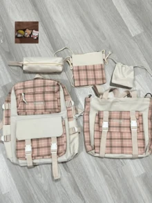 Set de 5 mochilas escolares de gran capacidad con diseño clásico y sencillo a cuadros, aptas para diversas ocasiones - Rosa - Ver 1