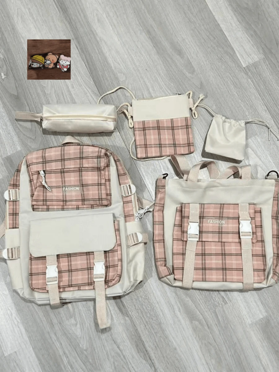 Set de 5 mochilas escolares de gran capacidad con diseño clásico y sencillo a cuadros, aptas para diversas ocasiones - Rosa - Ver 1