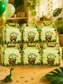 6/12/24pcs Dinosaur Party Favor Boxes, Jungle Theme Candy Gift Boxes With Handle, Kids Birthday Party Treat Boxes And Decorations - Green Dinosaur Main Image Gift Box With Handle - View 1