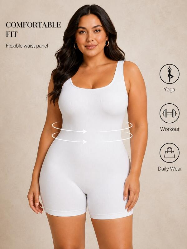 Oillpretty 1pc Women's Plus Size White Square Neck Sleeveless Ribbed Short Bodysuit, Push-Up Lift And Support For Bust, Zoned Compression For Waist And Belly Fat, Anti-Chafe And Anti-Exposure Leg Openings, Seamless Vertical Ribbed High Elastic Fabric, Smooth And Slim Fit, Suitable For Tight Dress Underwear, Wedding Dress Base, Postpartum Shaping, Commute Wear, Light Yoga Shaping
