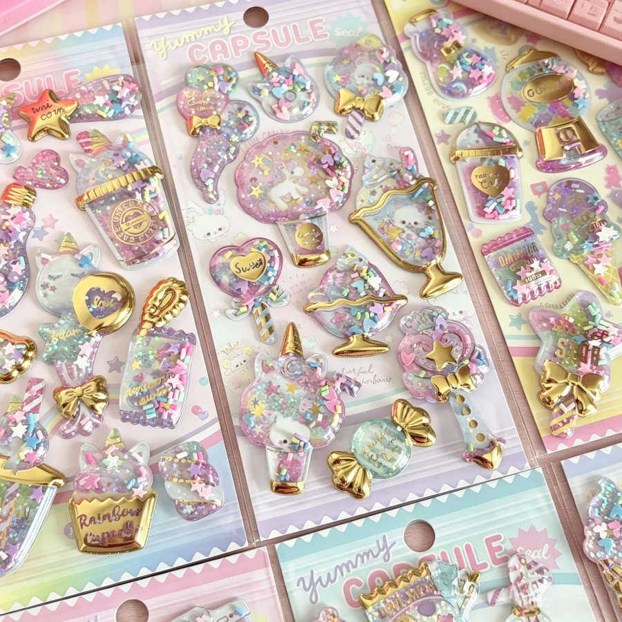 Kawaii 3D Crystal Glitter Stickers Sequins Candy Ice Cream Unicorn Gold Bow Decals Scrapbook Journal Planner Phone Case DIY Stationery - Color - View 1
