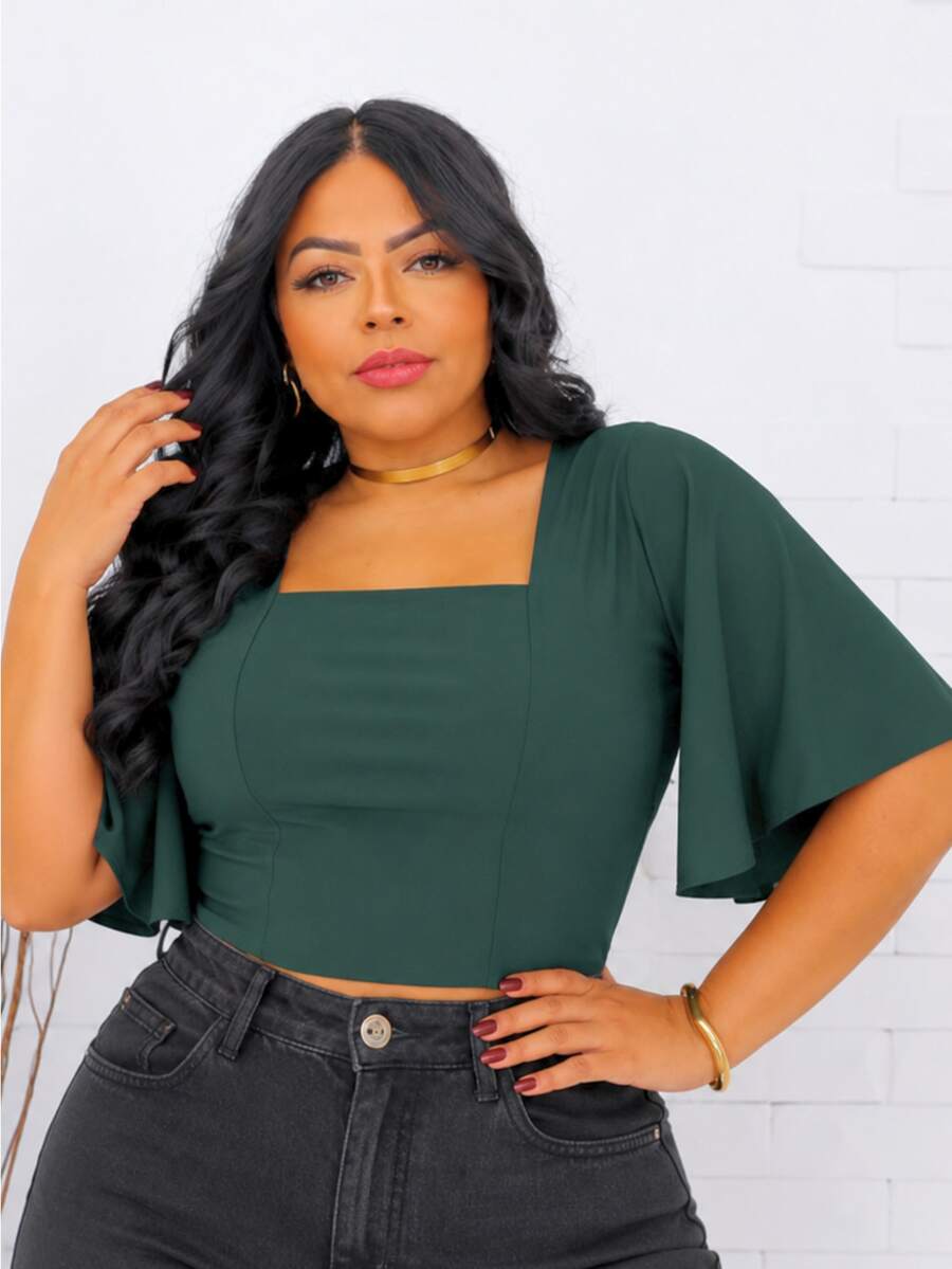 PLUS SIZE CROPPED BLOUSE WITH BAT SLEEVES - Dark Green - View 1