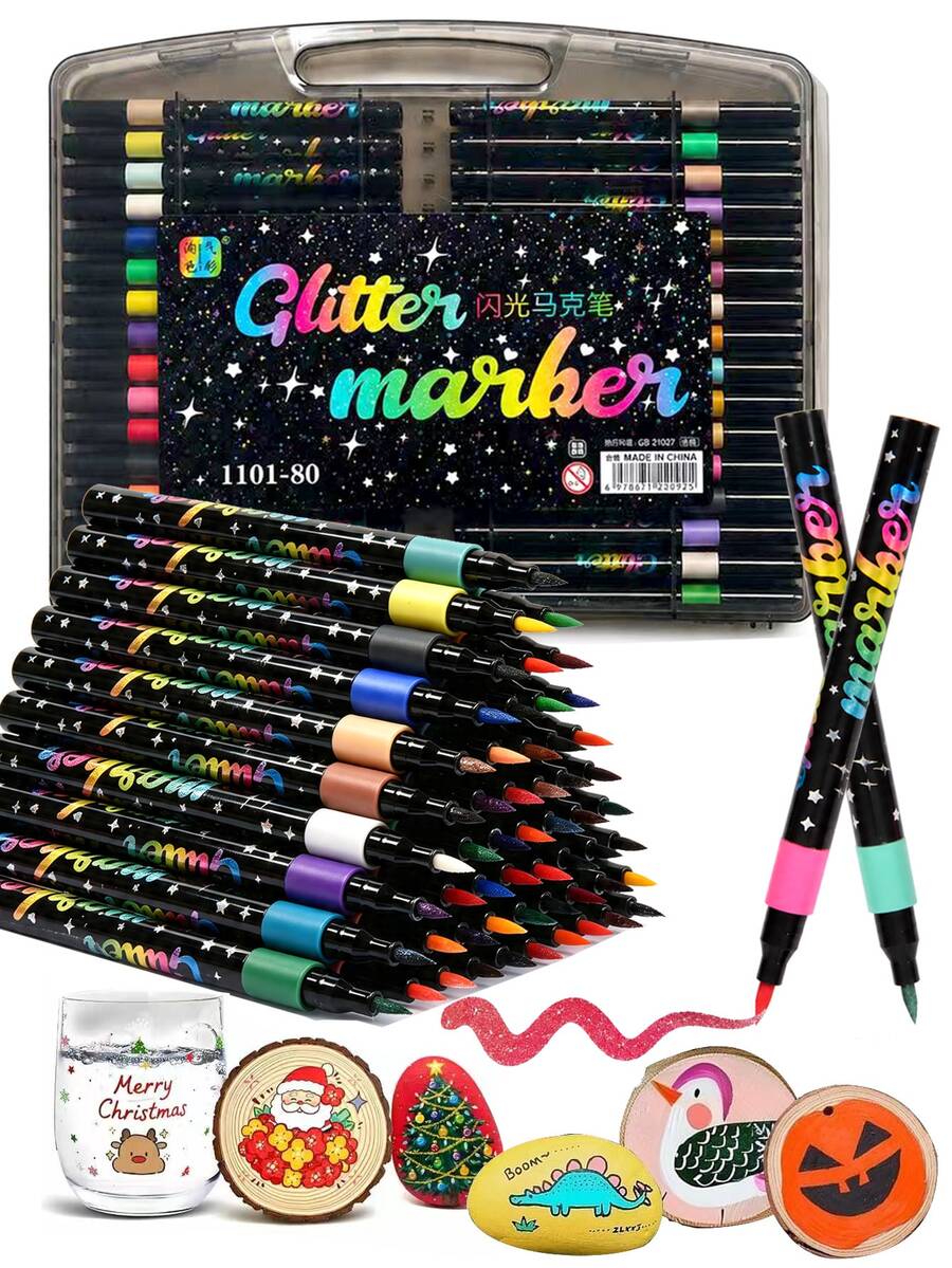 12/24/36/48/60/80 Colors Soft Tip Glitter Pens, Quick-Drying Ink, Fine Tip, Suitable For Scrapbooking, Card Making, Planner. This Soft Tip Glitter Pen Set Is An Ideal Choice For Artists And Crafters, Perfect For Back To School
