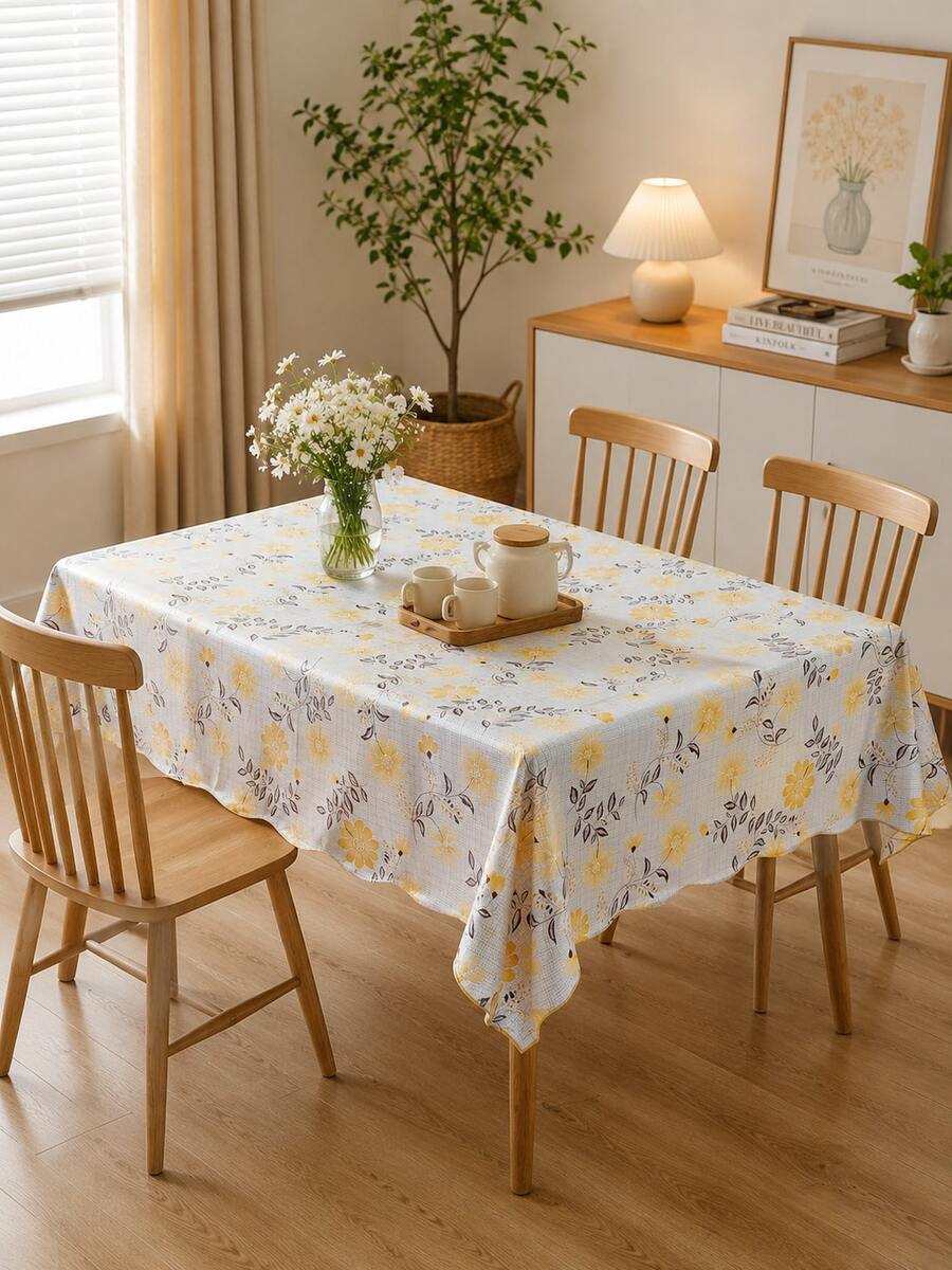1PC Green Black Plaid & Leaf Print PVC Composite Flannel Tablecloth, Waterproof Oilproof Spill-Proof Table Cover, Easy Clean Reusable Rectangular Tablecloth For Kitchen, Dining Room, Party, Home Decoration - Multicolor - View 1