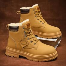 STARNOVO (2 Versions Randomly Shipped, Differences Between The Two Styles Are Explained In The Images) Men's Plush Lined Snow Boots, Lace-Up Design, Warm PU Leather Material High-Top Style, Anti-Slip Design, Suitable For Cold Weather Wear, Comfortable And Casual, Outdoor Activities - Khaki - View 2