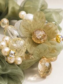 1pc Sage Green Organza Flower Scrunchie With Faux Pearl & Faceted Bead Decor, Elegant Hair Tie For Bun, Updo, Wedding & Party - Multicolor - View 5
