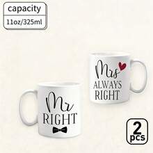 مجموعة أكواب زوجية متطابقة Mr Right Mrs Always Right، أكواب سيراميك بلونين داخليين أسود ووردي مع طباعة ربطة عنق وقلب، مجموعة هدايا فكاهية للعرسان الجدد والزوجين للزفاف والذكرى السنوية - متعدد الألوان - مشاهدة 16