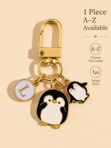 Penguin Initial Keychain, Personalized Penguin Pendant Keychain, Penguin Gift, Animal Gift, Cute, Penguin Parent-Child Pendant Accessory, Gift For Girls, Women's Penguin Keychain, Back To School Bag Keychain - Black and White - View 1