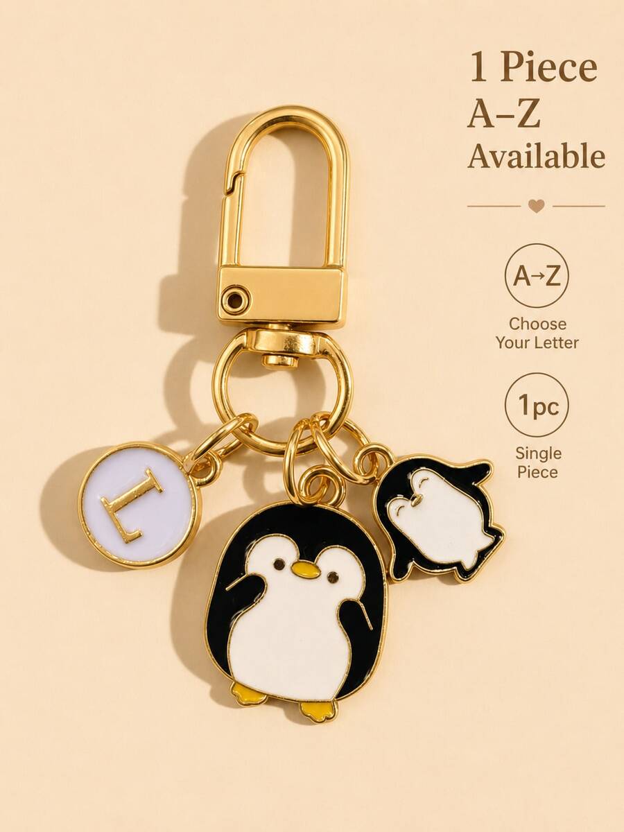 Penguin Initial Keychain, Personalized Penguin Pendant Keychain, Penguin Gift, Animal Gift, Cute, Penguin Parent-Child Pendant Accessory, Gift For Girls, Women's Penguin Keychain, Back To School Bag Keychain - Black and White - View 1