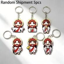 5 Random Cartoon Style Gentle Elder Image Wooden Keychain, Suitable For Peace Symbol Handbag Decoration Or As Spiritual Keepsake Gift For Faith Enthusiasts - Multicolor - View 1