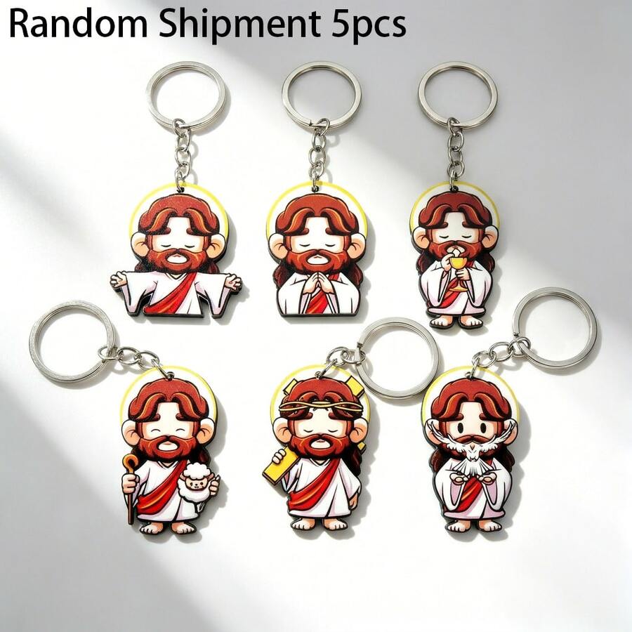 5 Random Cartoon Style Gentle Elder Image Wooden Keychain, Suitable For Peace Symbol Handbag Decoration Or As Spiritual Keepsake Gift For Faith Enthusiasts - Multicolor - View 1