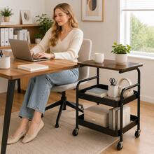 2-Tier Rolling Side Table Cart With Walnut Top, Mobile Storage Organizer With Mesh Baskets & Wheels, Compact Bedside Table For Bedroom, Living Room & Home Office - Black Storage Rack With Trolley - View 6