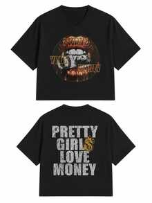 Fly "I Want Your Money" Hip-Hop Flow T-Shirt Double-Sided Printed Top, Unisex Style, Ideal Gift Choice For Summer. Vintage V-Neck Short Sleeve Top-L88 - 黑色3 - 查看 14