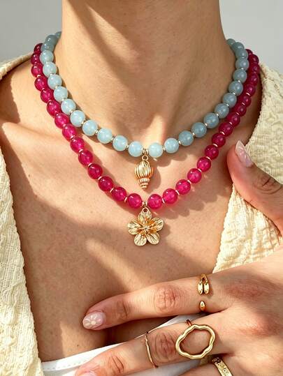 (Jumlah Manik-Manik Acak) 2 buah Kalung Manik-Manik Bunga Kerang Warna-warni Gaya Bohemian Modis untuk Wanita, Pasangan, Saudara Perempuan, Liburan Musim Panas, Kencan, Hadiah, Kasual Sehari-hari, Pesta, Pernikahan