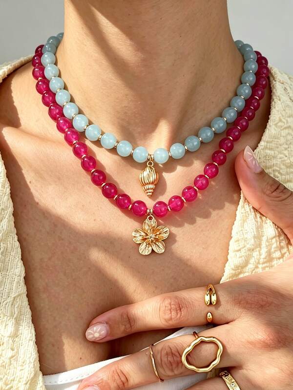 (Jumlah Manik-Manik Acak) 2 buah Kalung Manik-Manik Bunga Kerang Warna-warni Gaya Bohemian Modis untuk Wanita, Pasangan, Saudara Perempuan, Liburan Musim Panas, Kencan, Hadiah, Kasual Sehari-hari, Pesta, Pernikahan