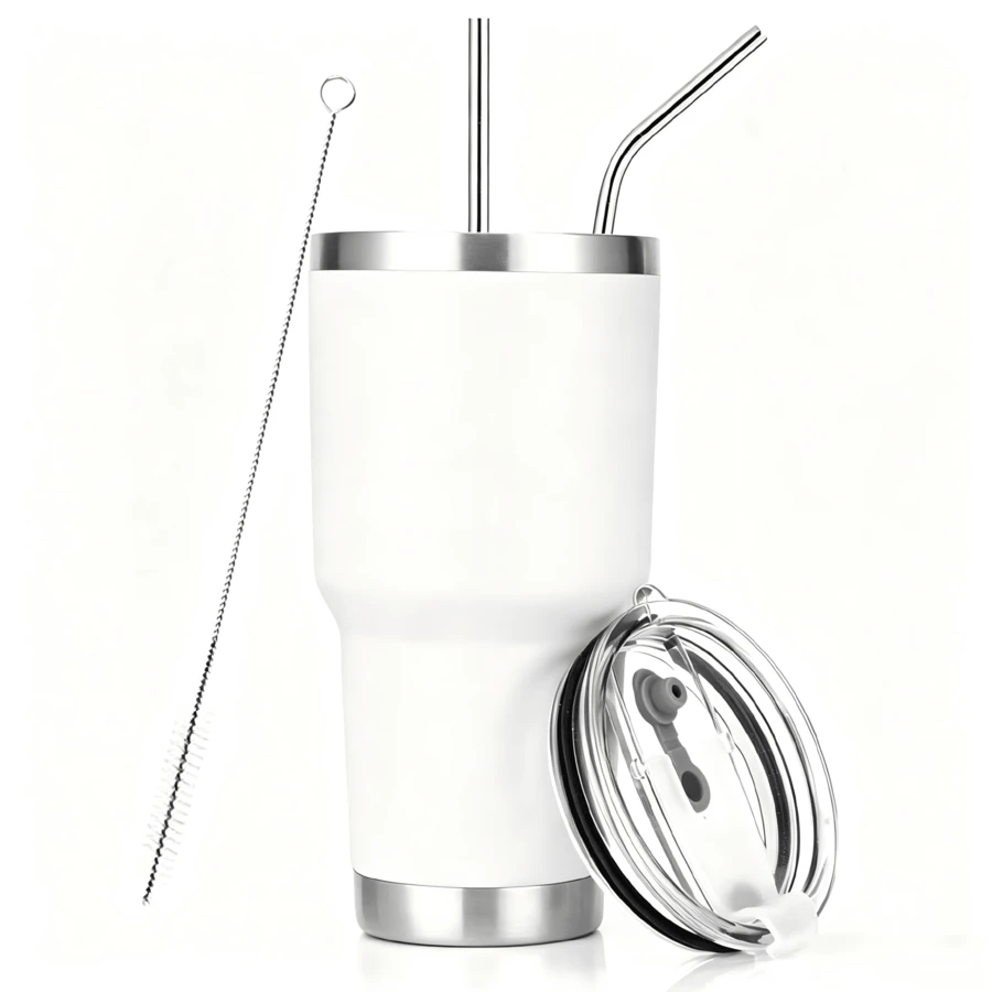 Taza de viaje con aislamiento al vacío de doble pared de 30 oz, vaso de acero inoxidable con tapa, pajita y cepillo para vaso, taza de café aislada con recubrimiento de polvo duradero para bebidas frías y calientes,900ml - Blanco - Ver 1