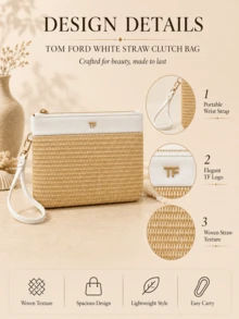 Tom Ford TF White Straw Clutch, 21*14cm, Woven With Wrist Strap, Spacious Capacity, Perfect For Organizing Makeup And Small Essentials During Vacations - Multicolor - View 6