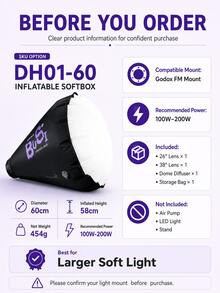 Bussi DH01-60 60cm 充氣拋物線柔光箱套件，附 FM 菲涅耳透鏡接環、26°/38° 透鏡與圓頂擴散罩，可攜式可折疊柔光修飾器，適用人像、直播、Cosplay 與產品攝影 - 查看 7