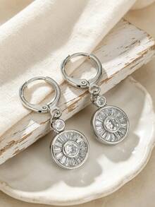 1 Pair Women's Elegant Round Disc Pendant Earrings, Inlaid With Sparkling Cubic Zirconia, Minimalist Fashion, Suitable For Wedding Party, Women's Jewelry Accessories - Earring - View 5