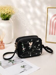 Classic Embroidered Crossbody Bag, Butterfly Metal Decor Zipper Wallet, Faux Leather Shoulder Bag For Girls - Black - View 2