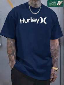 Men's Hurley Graphic T-Shirt - Navy Blue With White Logo Print, Vintage-Inspired Cotton Tee, Comfort & Fade-Resit Ink, For Beach Or Street Style-L88 - 藏蓝色 - 查看 12