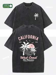 230g Heavyweight Washed Vintage T-Shirt For Women - Loose Fit Round Neck Short Sleeve, California Beach Surf And Palm Tree Print, Casual Summer Wear - 黑色 - 查看 8