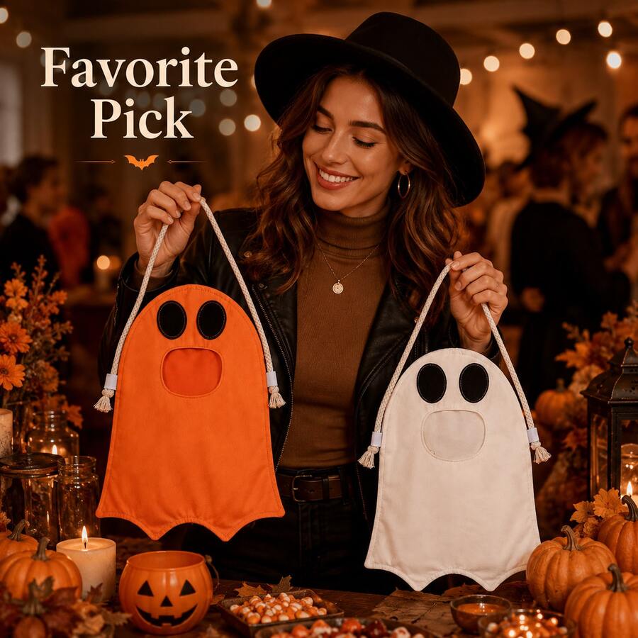 Cute Ghost Shaped Rope Handle Halloween Candy Tote Bag, Reusable, White & Orange Party Gift Bag, Suitable For Halloween Costume & Party Decoration - Trick-or-treat Bag - View 1