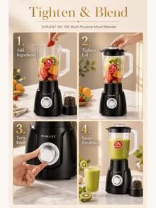 SOKANY Alat Pembuat Jus Multifungsi, Blender, Penggiling, Penggiling Daging, Dengan Gelas Penggiling, Multifungsi, Pisau Stainless Steel, Pembuatan Jus Cepat, Penggilingan Daging, Pembuatan Jus, Penggilingan Kopi, Kapasitas Besar 1,6L, 2 Kecepatan yang Dapat Diatur, Mudah Dibersihkan dan Disimpan, Cocok untuk Penggunaan di Rumah. - Hitam - View 10