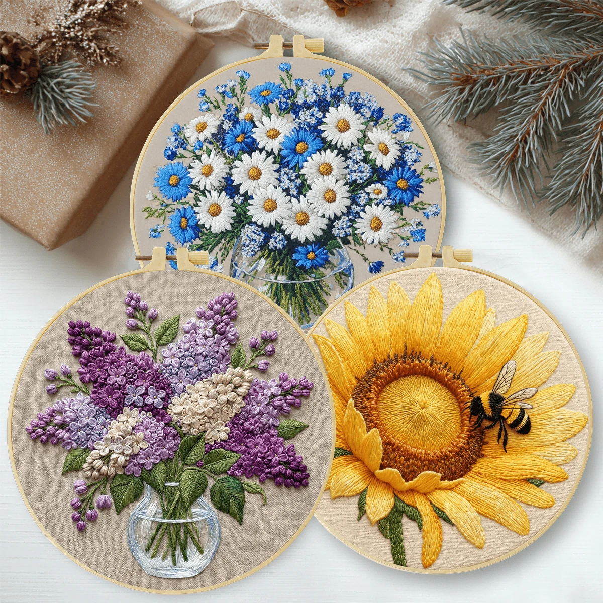1套初學者刺繡套裝，尺寸20x20cm/7.9x7.9in，花卉圖案，包含刺繡布料、說明書、刺繡框、針與線，適合作為送給朋友或家人的禮物，也可用於居家裝飾或辦公室