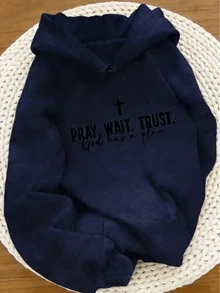 Letter Retro Retro English Back To School Season PRAY WAIT TRUST GOD HAS A PLAN Back To School Women Outfits Women's Casual Hoodies-Autumn/Winter New - 藏蓝色 - 查看 9