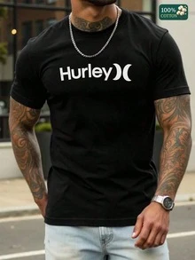 Men's Hurley Graphic T-Shirt - Navy Blue With White Logo Print, Vintage-Inspired Cotton Tee, Comfort & Fade-Resit Ink, For Beach Or Street Style-L88 - 黑色 - 查看 11