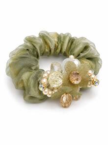 1pc Sage Green Organza Flower Scrunchie With Faux Pearl & Faceted Bead Decor, Elegant Hair Tie For Bun, Updo, Wedding & Party - Multicolor - View 8